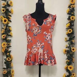 Democracy Orange Floral Blouse with Ruffle Sleeves